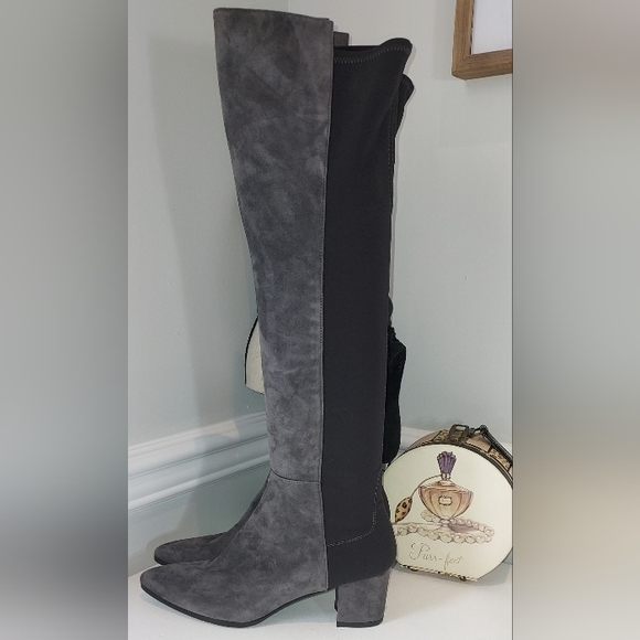 Stuart Weitzman Grey/Black Pointed Toe Suede & Stretch Tall Boot Pre-owned - Picture 2 of 9